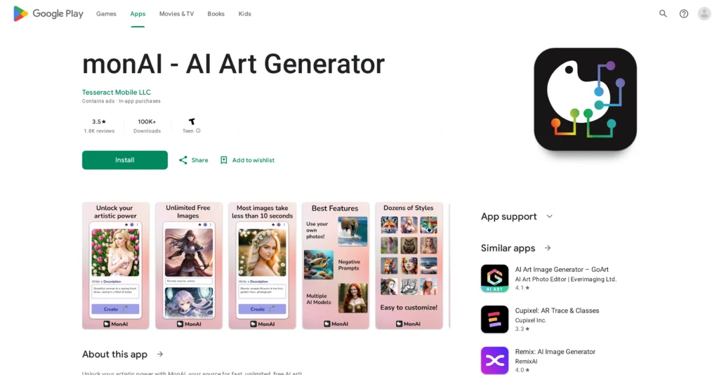 MonAI - AI Art Generator interface showing homepage