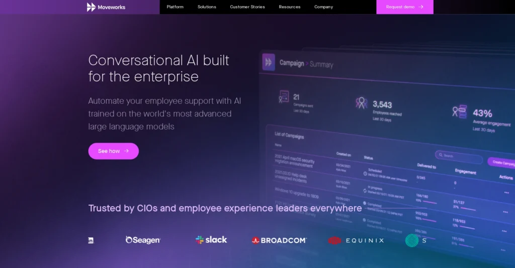 Moveworks interface showing homepage