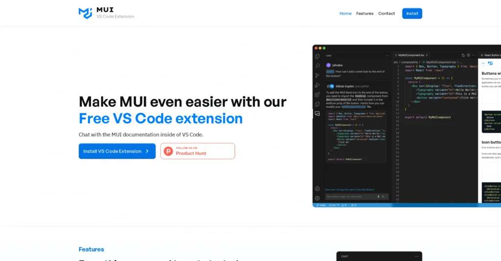 MUI VS Code Extension interface showing homepage