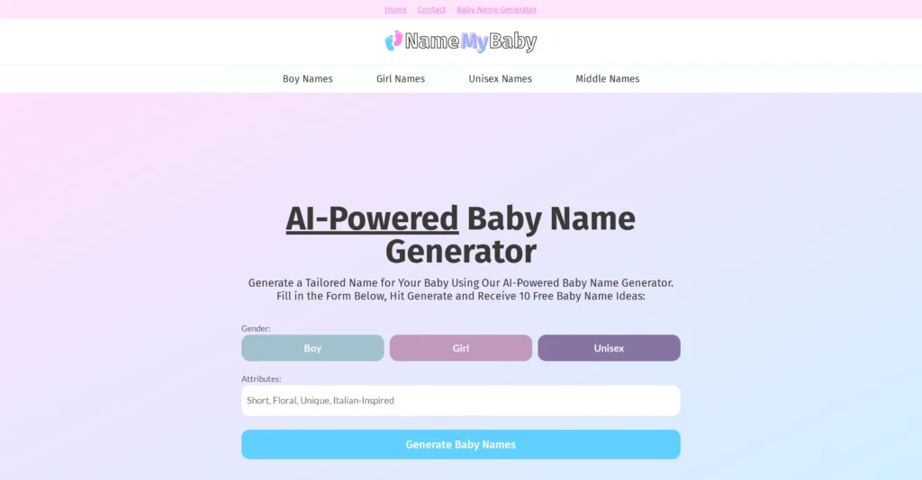 Name My Baby interface showing homepage
