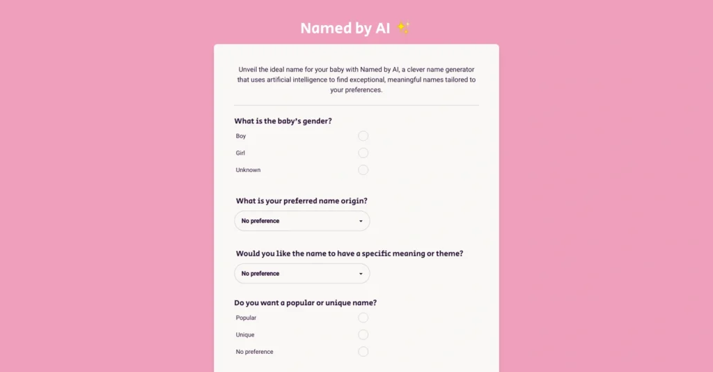 Namedbyai interface showing homepage