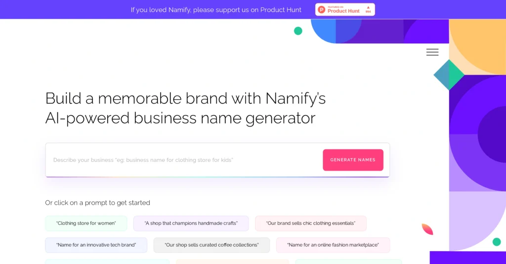 Namify interface showing homepage
