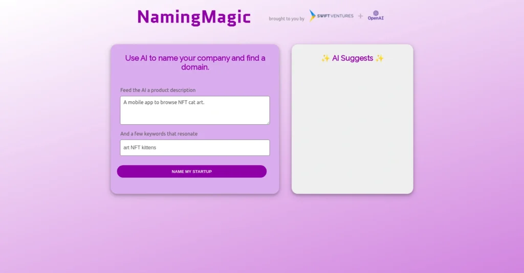 Naming Magic interface showing homepage