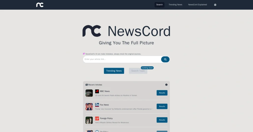 NewsCord interface showing homepage