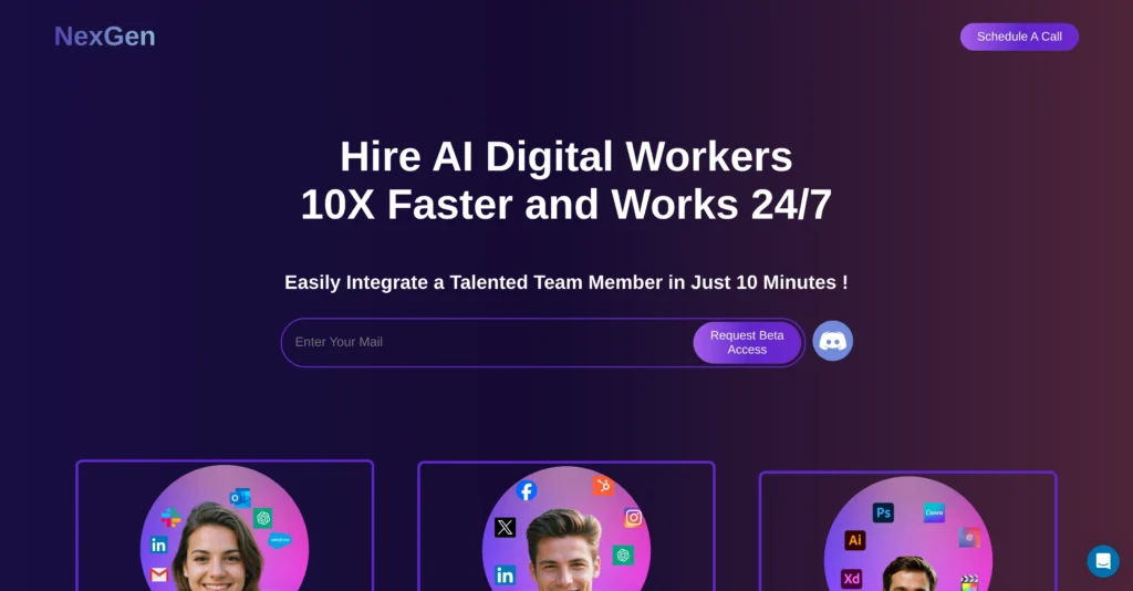 NexGenTeam interface showing homepage
