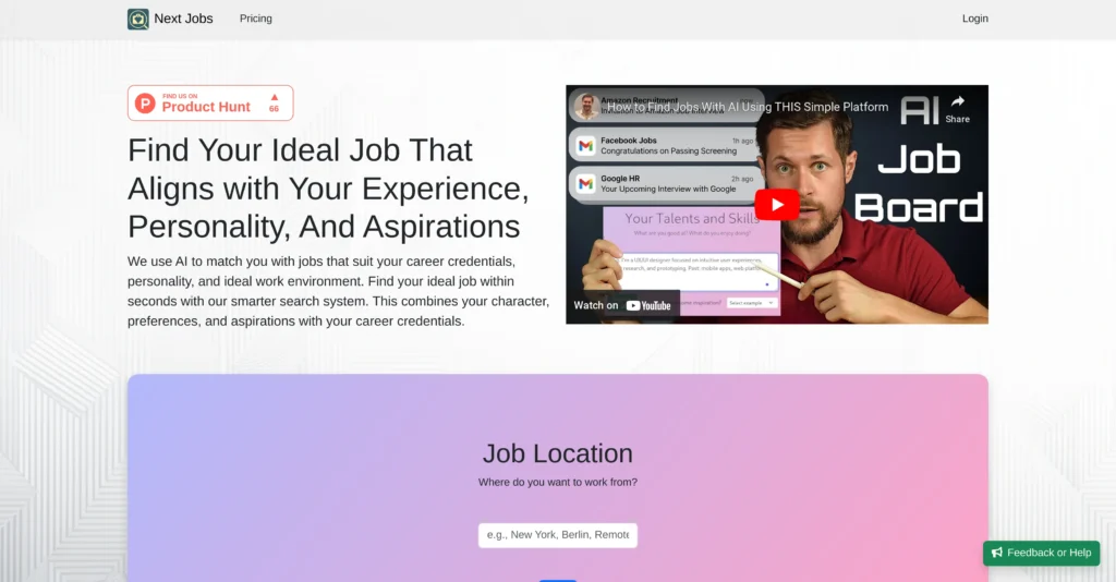 Next Jobs interface showing homepage