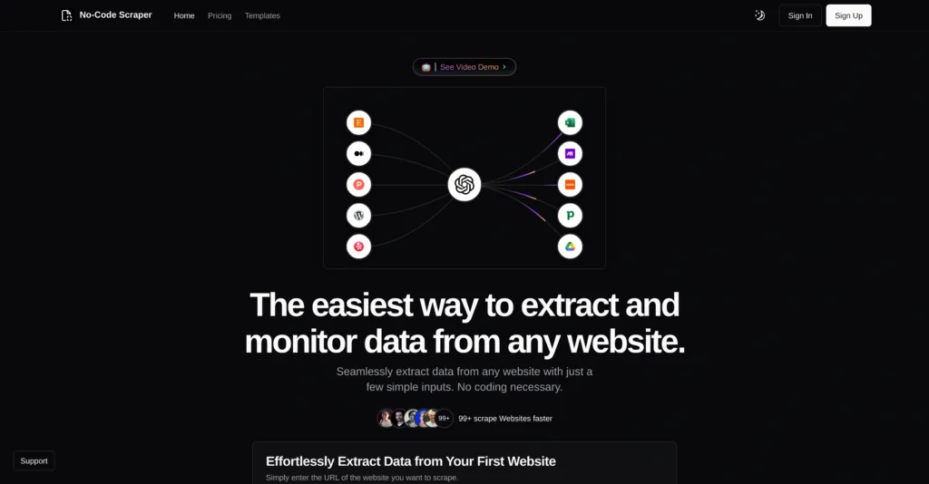 No-Code Scraper interface showing homepage