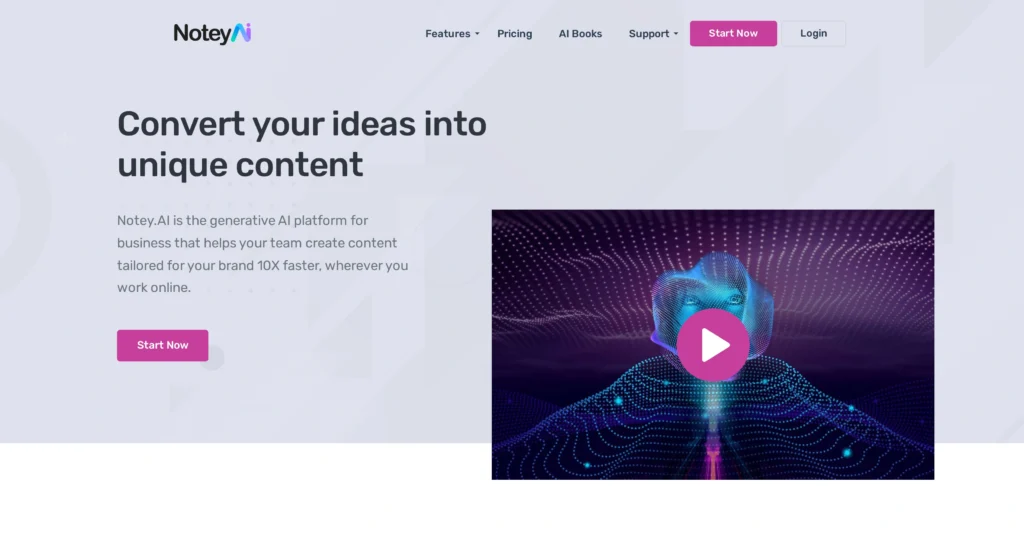 Notey interface showing homepage