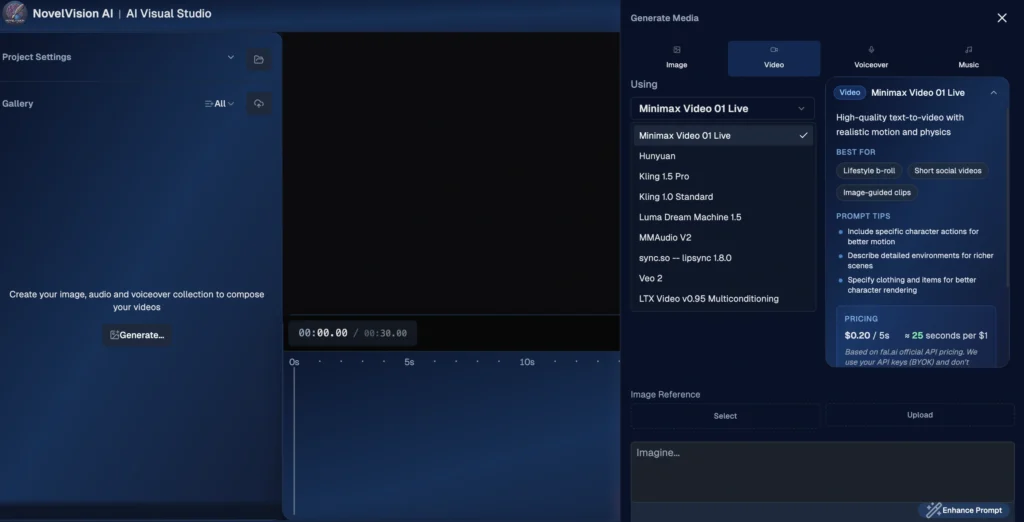 NovelVisionAI interface showing homepage