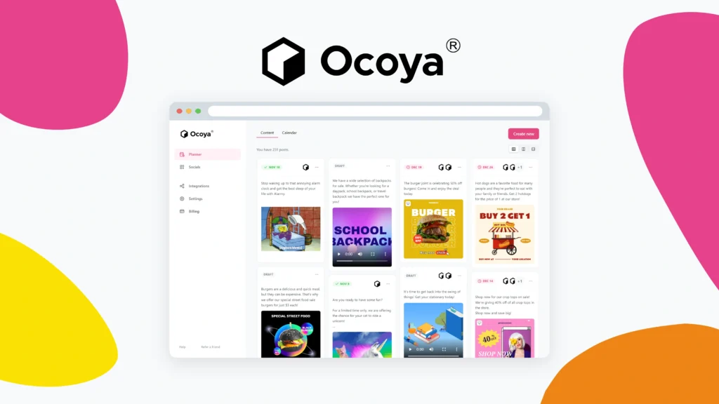 Ocoya interface showing homepage