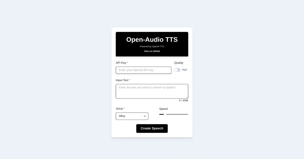 Open-Audio TTS interface showing homepage