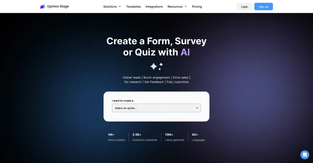 OpinionStage interface showing homepage