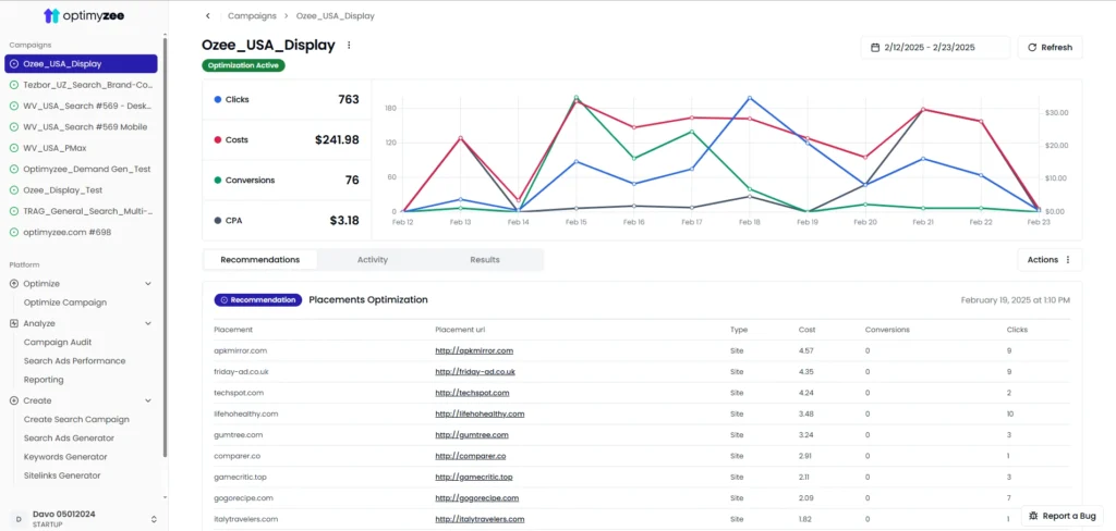 Optimyzee – AI-Powered Google Ads Optimization interface showing homepage