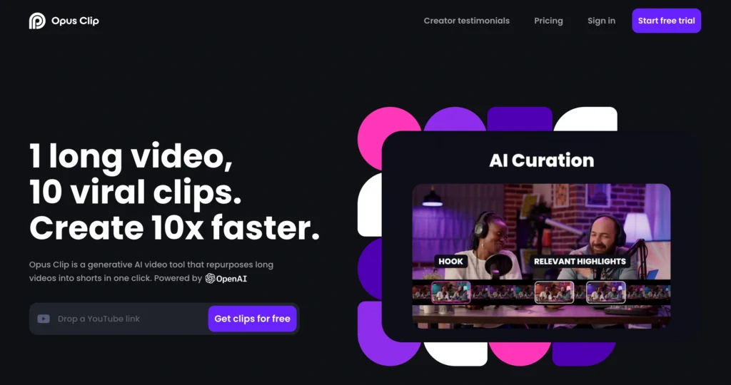Opus Clip interface showing homepage