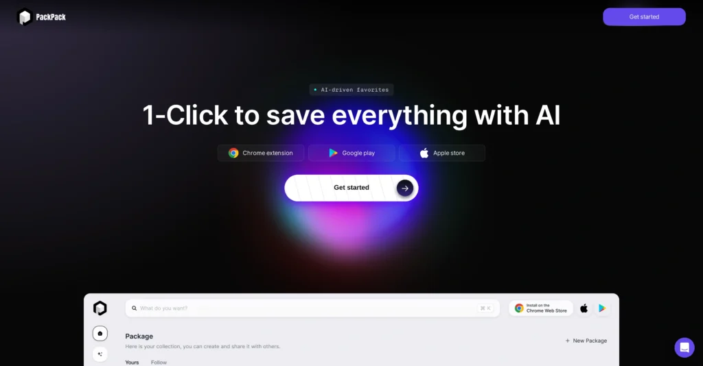Packpack interface showing homepage