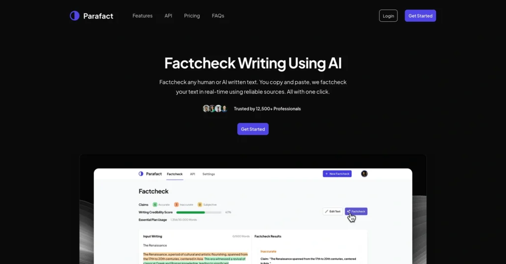 Parafact interface showing homepage