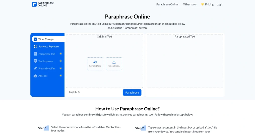 Paraphrase Online interface showing homepage