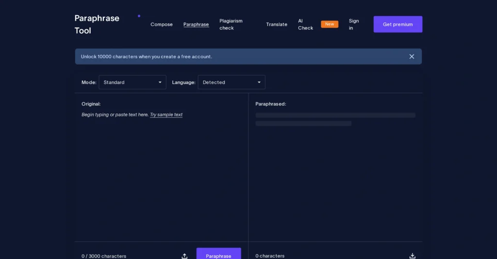Paraphrase Tool interface showing homepage