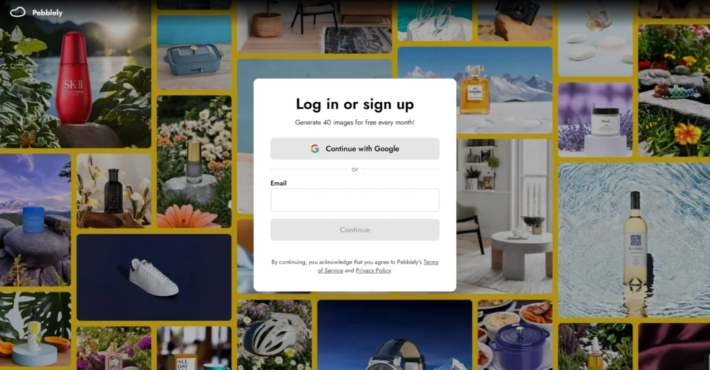 Pebblely interface showing homepage