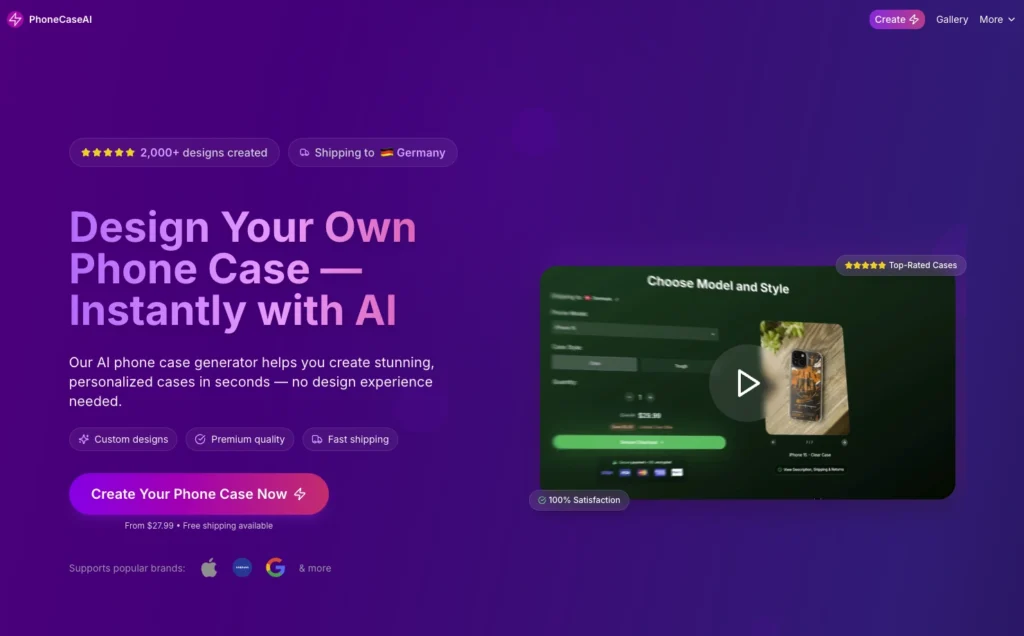 PhoneCaseAI interface showing homepage