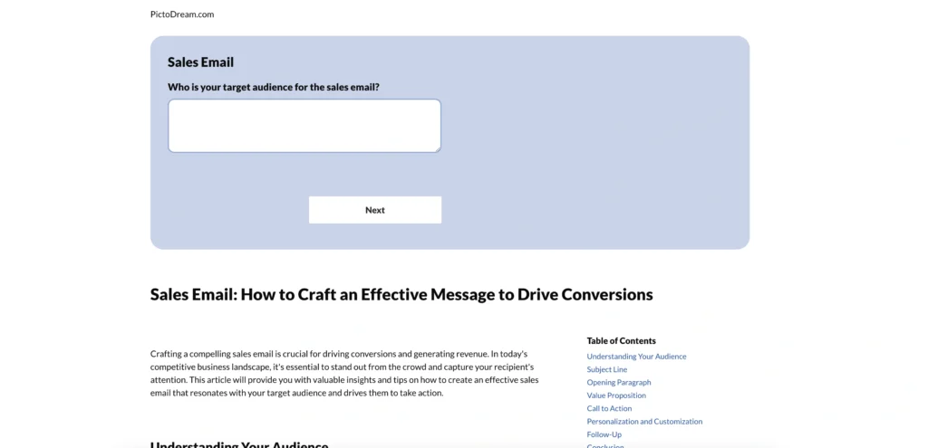 PictoDream interface showing homepage