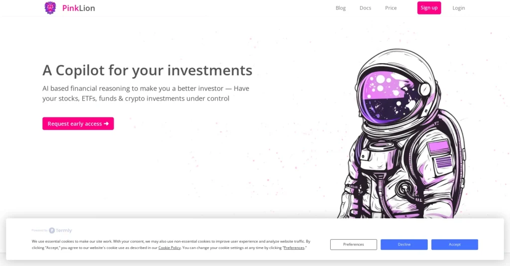 PinkLion interface showing homepage