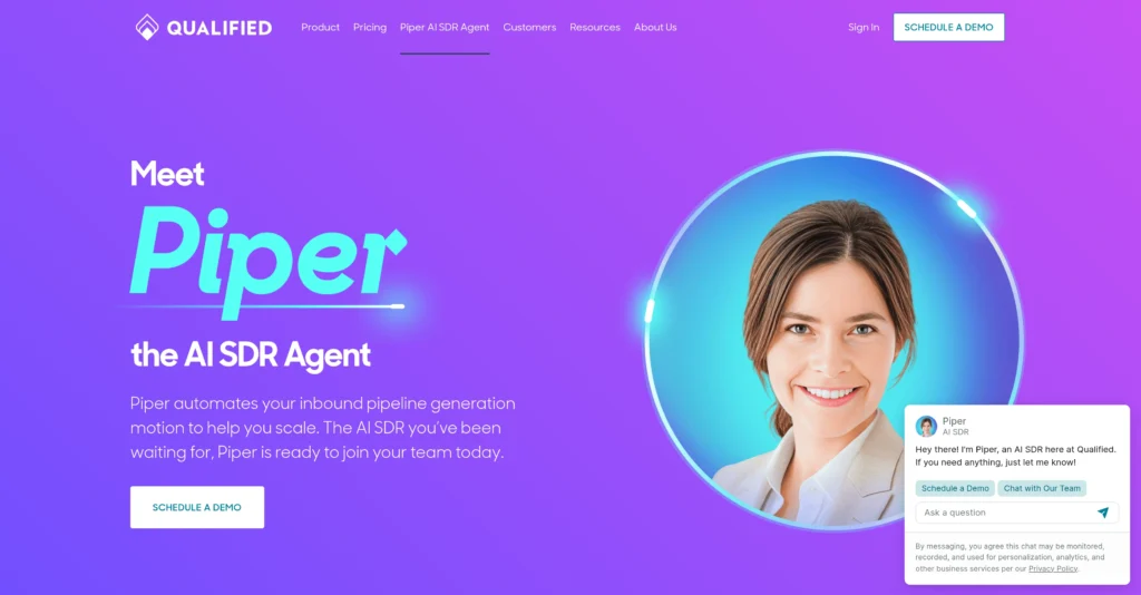 Piper SDR Agent by Qualified interface showing homepage