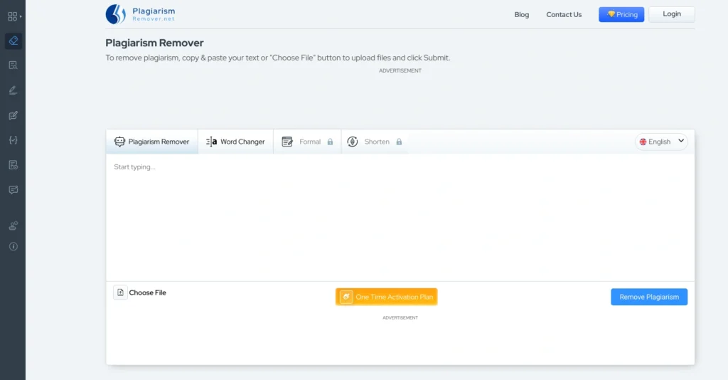 Plagiarismremover interface showing homepage