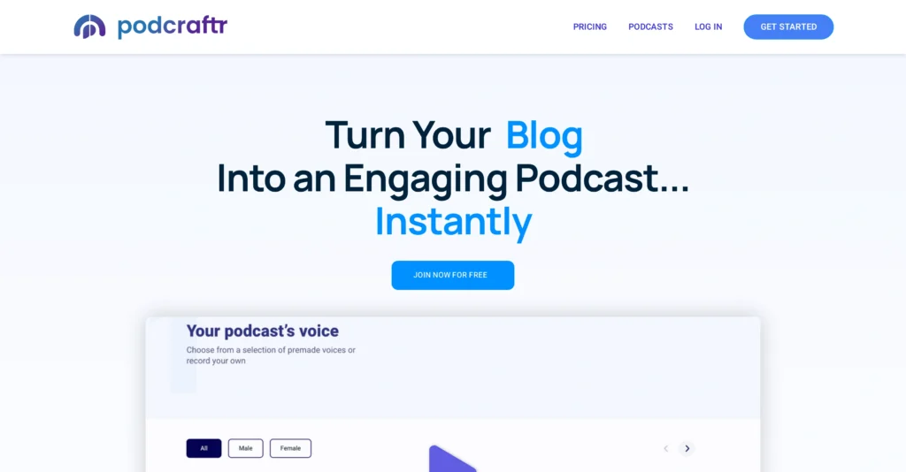 Podcraftr interface showing homepage