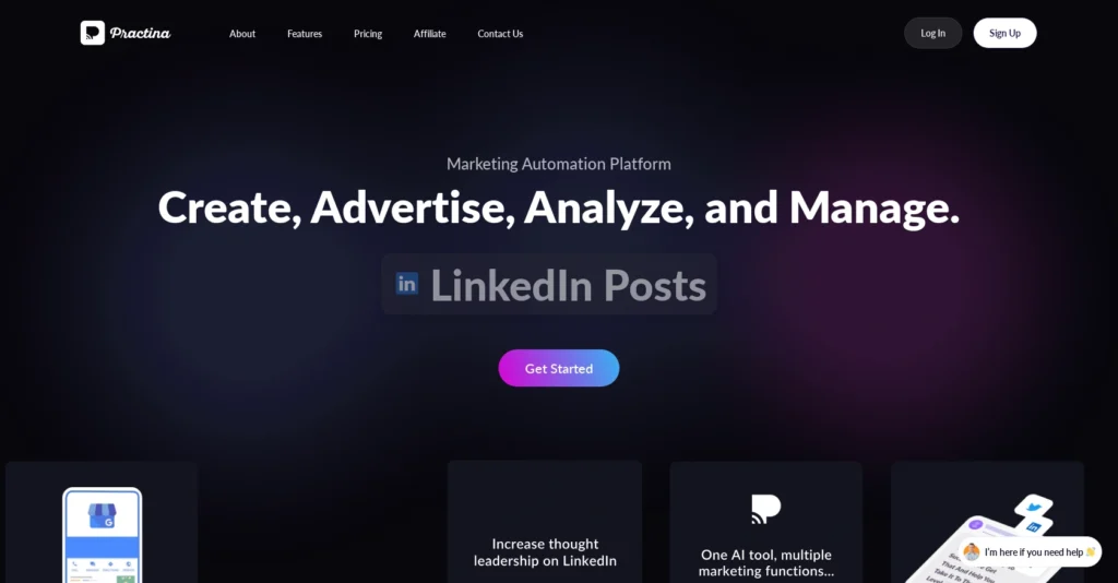 Practina interface showing homepage