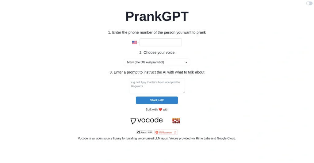 Prankgpt interface showing homepage