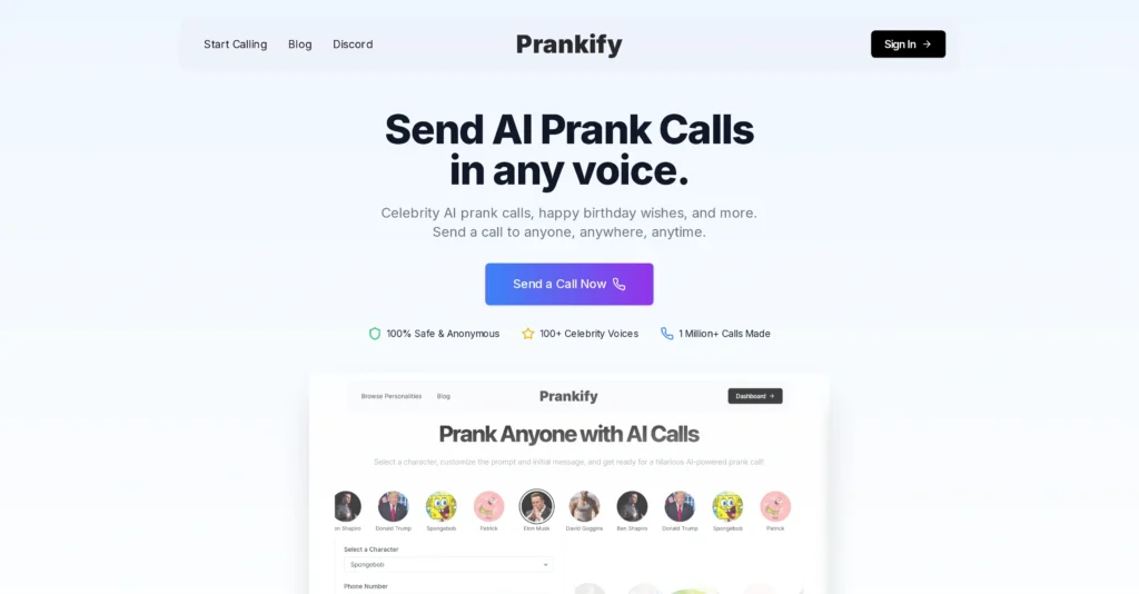 Prankify AI interface showing homepage