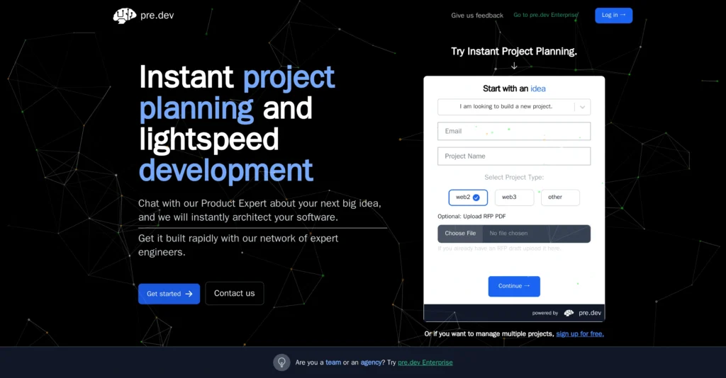 Pre.dev interface showing homepage