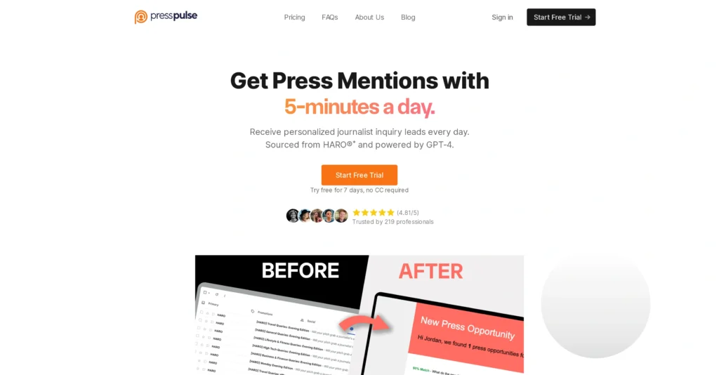 PressPulse AI interface showing homepage