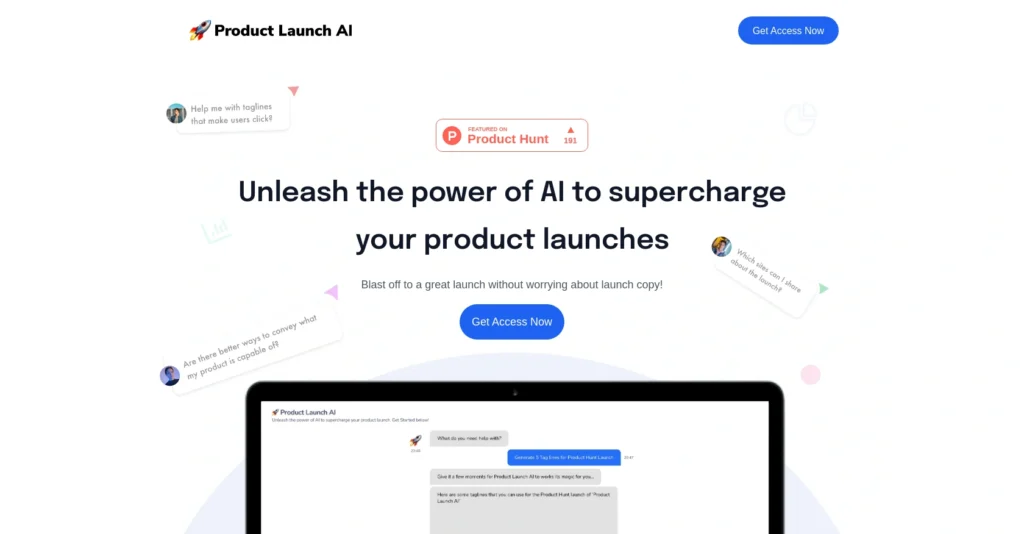 Product Launch AI interface showing homepage
