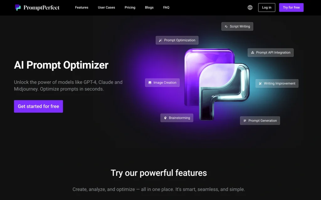 PromptPerfect interface showing homepage
