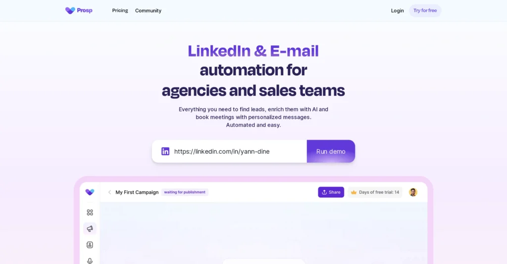 Prosp interface showing homepage