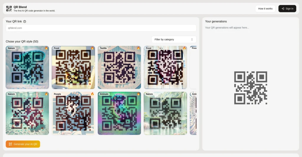 QRblend interface showing homepage