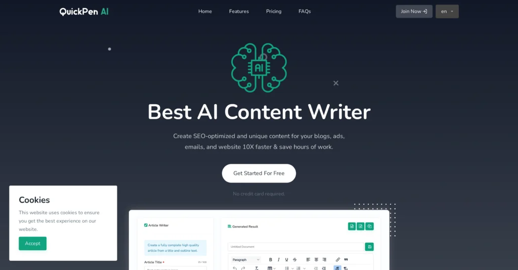 QuickPenAI interface showing homepage