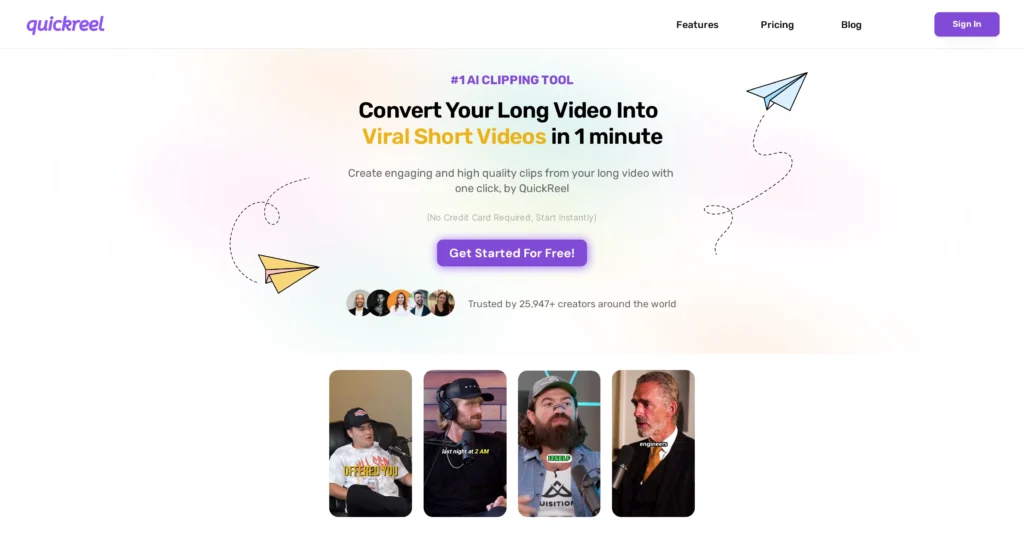 QuickReel interface showing homepage
