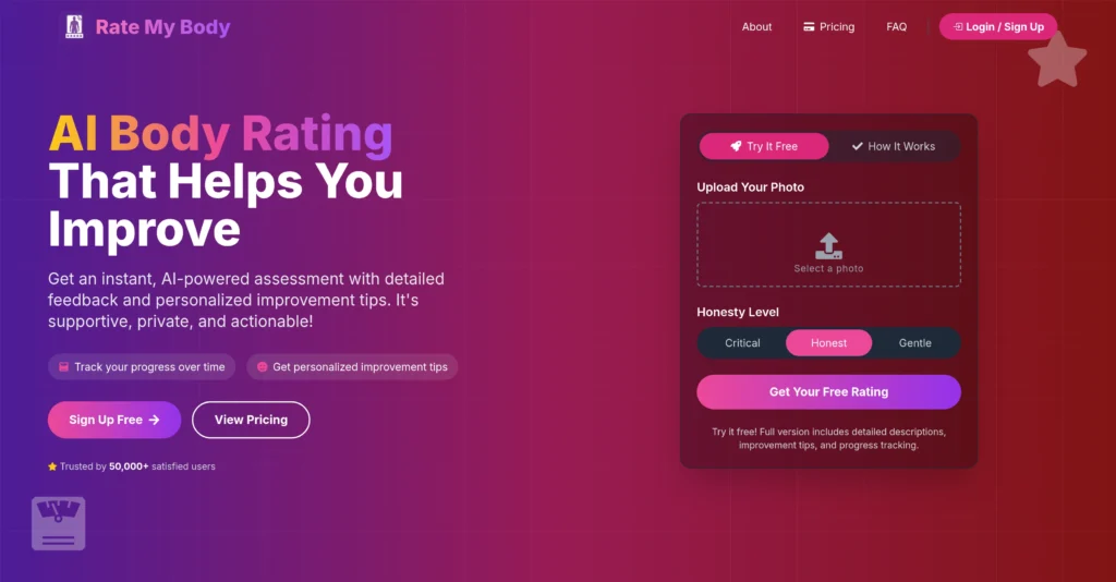 Rate My Body interface showing homepage