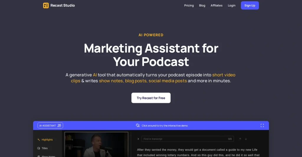 Recast Studio interface showing homepage