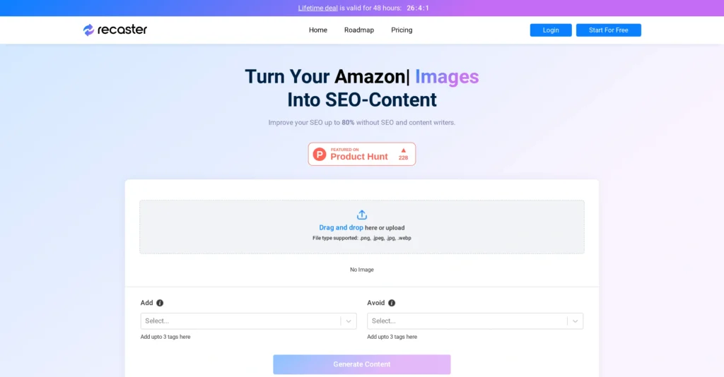 Recaster AI interface showing homepage