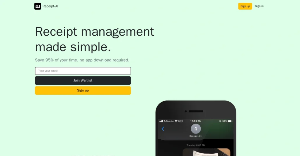 Receipt AI interface showing homepage