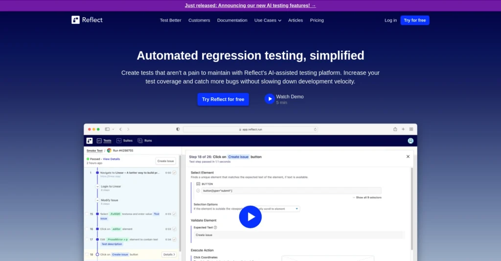 Reflect.run interface showing homepage