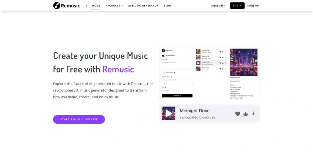Remusic interface showing homepage