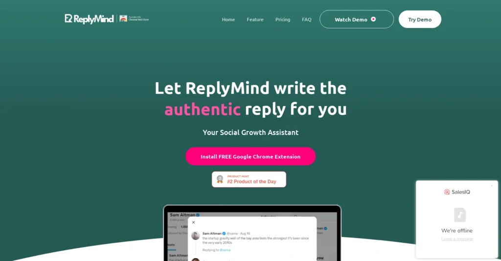 ReplyMind interface showing homepage