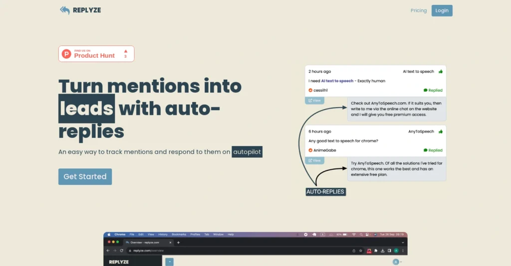 Replyze interface showing homepage