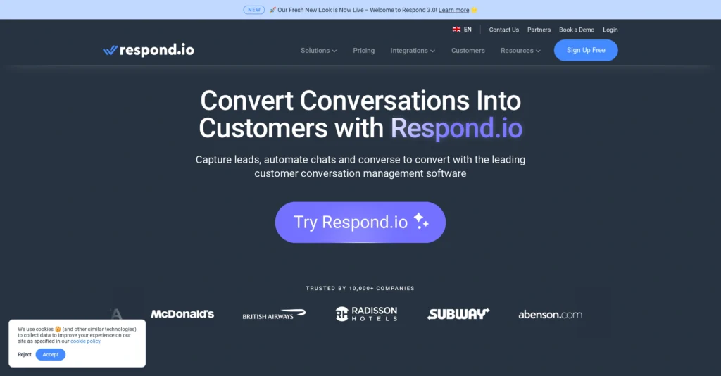 Respond.io interface showing homepage