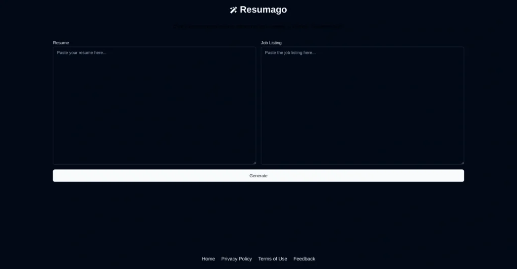 Resumago interface showing homepage